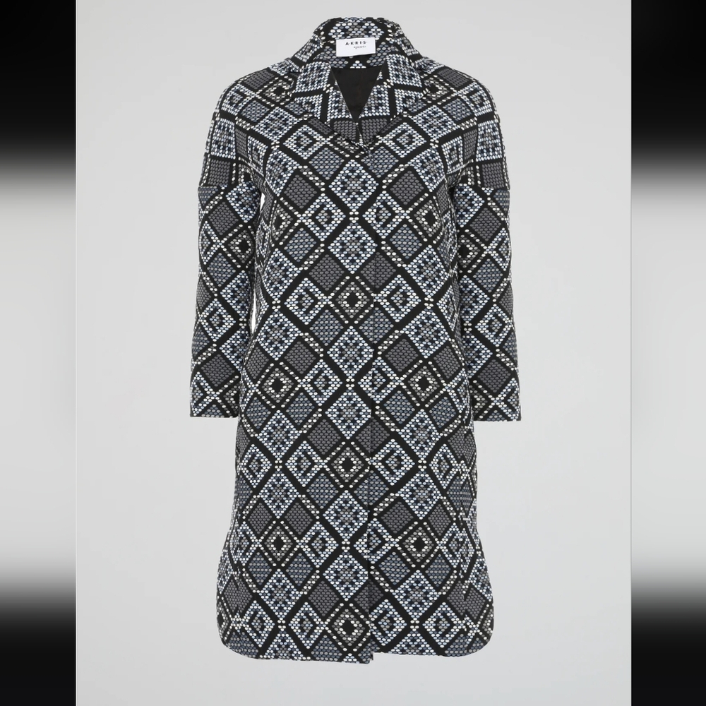 AKRIS PUNTO | Women's Blk/Blue/White Checkered Cotton Blend Zip Up Coat